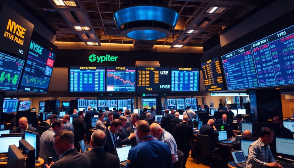 A bustling stock trading floor, with brokers and analysts poring over charts and data displays. The scene is bathed in the warm glow of overhead lighting, creating a sense of intensity and focus. In the foreground, a group of traders huddle around a screen, intensely discussing investment strategies and market trends. In the middle ground, a series of large screens display real-time stock prices and market indices, while the background is filled with the controlled chaos of the trading environment, with desks, computers, and financial documents scattered throughout.