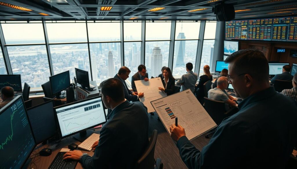 A bustling trading floor with experienced bettors studying financial data on their screens, surrounded by charts and graphs illuminated by warm task lighting. In the foreground, a trader intensely examining a stock analysis report, deep in thought. In the middle, a group of analysts conferring over a whiteboard, mapping out their investment strategy. In the background, a panoramic view of the city skyline through large windows, conveying a sense of scale and the broader market landscape. The atmosphere is one of focus, collaboration, and a relentless pursuit of market insights.