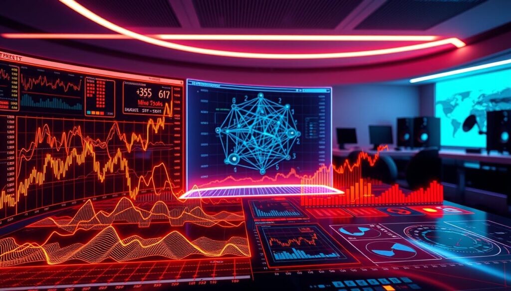 A futuristic data visualization dashboard, illuminated by warm neon hues, showcases a variety of interactive graphs and charts. In the foreground, intricate line graphs and scatter plots dynamically respond to user inputs, highlighting patterns and anomalies in financial market data. The middle ground features a large holographic projection, depicting complex algorithmic models that analyze market inefficiencies in real-time. The background is a sleek, minimalist workspace, with a large curved display wall and state-of-the-art computing hardware. The overall mood is one of technological sophistication and data-driven decision making, perfectly suited for identifying and capitalizing on market inefficiencies. A futuristic data visualization dashboard, illuminated by warm neon hues, showcases a variety of interactive graphs and charts. In the foreground, intricate line graphs and scatter plots dynamically respond to user inputs, highlighting patterns and anomalies in financial market data. The middle ground features a large holographic projection, depicting complex algorithmic models that analyze market inefficiencies in real-time. The background is a sleek, minimalist workspace, with a large curved display wall and state-of-the-art computing hardware. The overall mood is one of technological sophistication and data-driven decision making, perfectly suited for identifying and capitalizing on market inefficiencies.