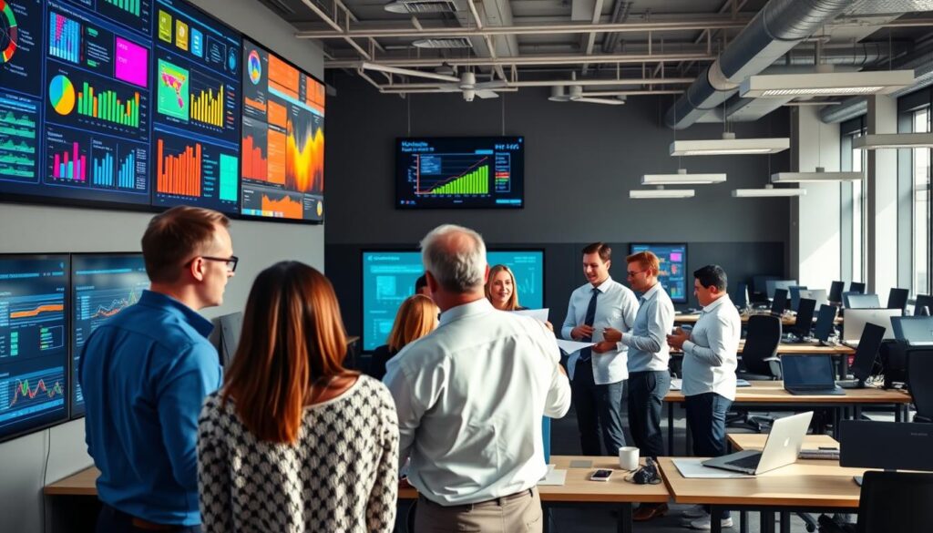 A modern, well-equipped office space. In the foreground, a team of data analysts intently studying colorful dashboards and data visualizations projected on large screens. In the middle ground, a group of executives engaged in a lively discussion, referencing printouts and digital reports. The background features rows of desks with laptops and monitors, conveying a sense of a data-driven, collaborative work environment. The lighting is bright and natural, creating a welcoming and productive atmosphere. The camera angle is slightly elevated, providing a panoramic view of the data-driven decision-making process in action.