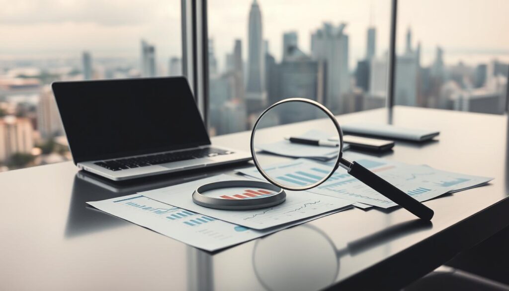 A sleek, minimalist desk with a laptop, tablet, and various data analytics reports scattered across its surface. The background features a cityscape with towering skyscrapers, suggesting a bustling financial district. Muted colors and soft lighting create a contemplative atmosphere, while a magnifying glass hovers over one of the reports, emphasizing the meticulous attention to detail. Subtle reflections on the desk's surface add depth and a sense of professionalism. The overall composition conveys the idea of diligent market research and data-driven decision-making.