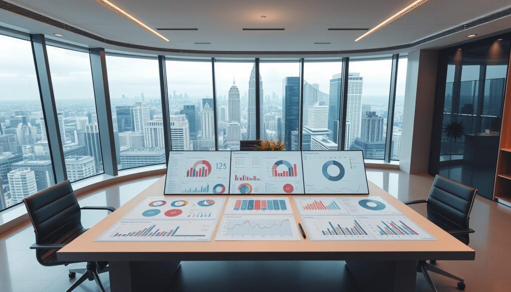 A sleek, modern office setting with an expansive desk showcasing a variety of statistical analysis tools. In the foreground, a high-resolution display presents interactive data visualizations, charts, and graphs. Surrounding the desk, a minimalist design with clean lines and neutral tones creates a professional atmosphere. Soft, diffused lighting from overhead casts a warm glow, accentuating the technological elements. In the background, floor-to-ceiling windows offer a panoramic view of a bustling financial district, emphasizing the data-driven nature of market predictions. The overall scene conveys a sense of analytical precision, technological sophistication, and strategic decision-making.