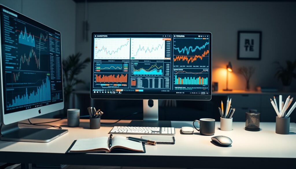 A well-lit workspace with an array of analytical tools and financial data visualizations. In the foreground, a sleek desktop computer, a professional-grade monitor displaying charts and graphs, and a high-quality mouse and keyboard. In the middle ground, a neatly organized desk with a notebook, a cup of coffee, and various stationery items. The background features a minimalist office environment with clean lines, neutral colors, and subtle decor that conveys a sense of focus and productivity. Soft, directional lighting casts a warm glow over the scene, creating a professional and inviting atmosphere for in-depth market analysis.