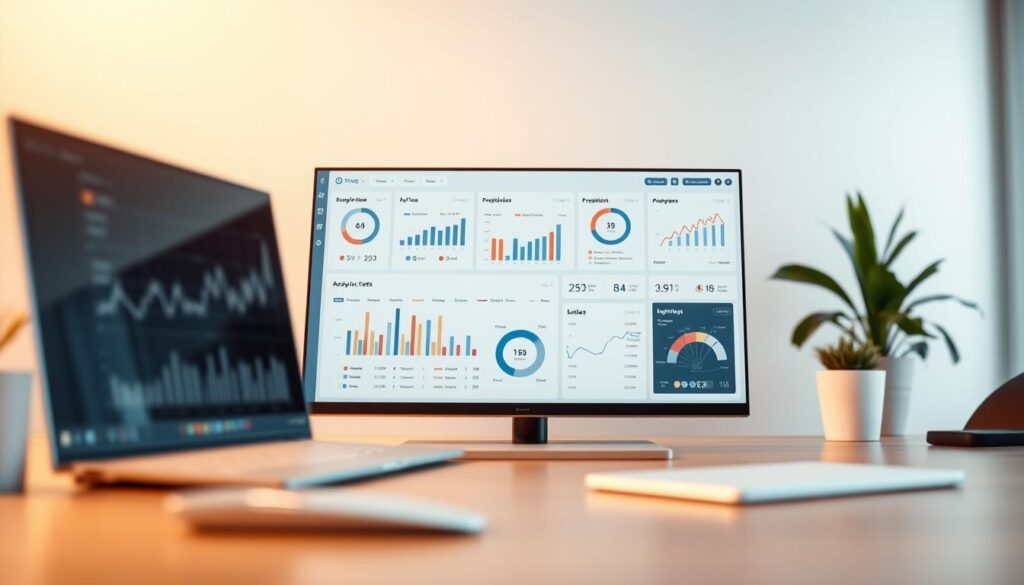 High-fidelity dashboard interface displaying a suite of analytical tools, featuring intuitive data visualizations, interactive charts, and advanced metrics. Sleek, modern design with clean lines and a minimalist aesthetic. Soft, diffused lighting casts a warm glow across the workspace, creating a focused and productive atmosphere. Careful camera angle showcases the dashboard's comprehensive functionality, allowing the user to easily navigate and extract valuable insights from complex data sets. Subtle depth-of-field blur emphasizes the dashboard's central role, while the background features muted tones and subtle gradients to avoid distractions.