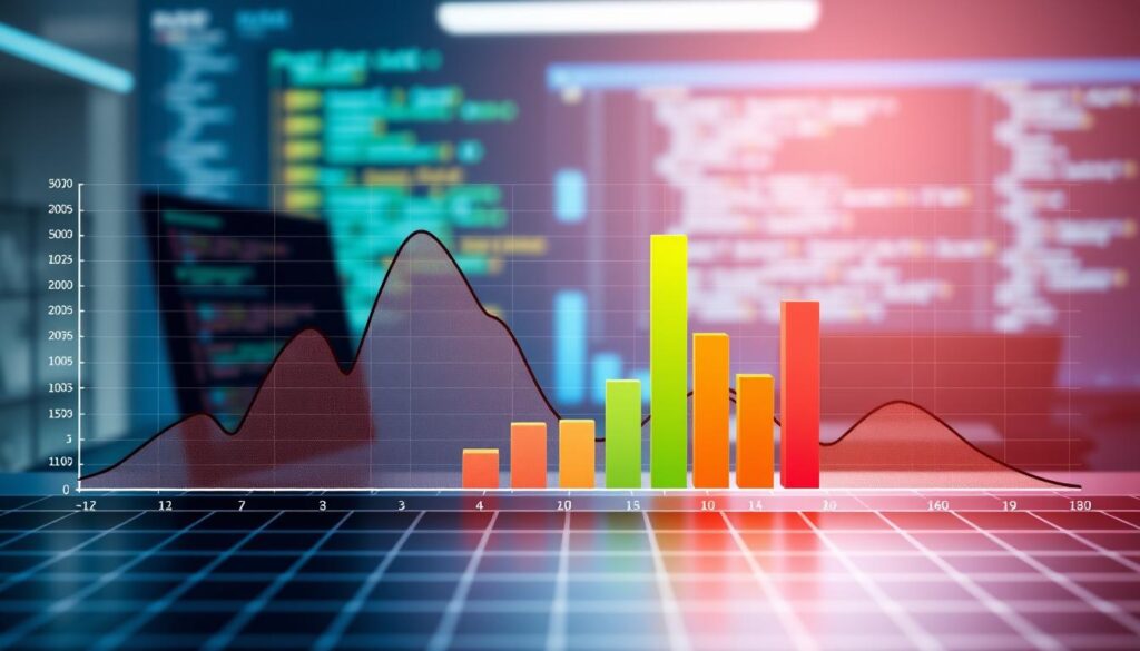 A visually striking illustration of a probability simulation frequency distribution chart. In the foreground, display a detailed line graph showcasing fluctuating probabilities with distinct peaks and valleys, overlaying a transparent grid. In the middle, add statistical bars rising above the baseline, each bar representing different simulation outcomes, adorned with colorful gradients for clarity. The background features a softly blurred digital workspace with subtle hints of mathematical formulas and coding scripts, creating a context of analytical thinking. The lighting is bright and focused, highlighting the chart while casting gentle shadows to add depth. The mood is professional and analytical, conveying a sense of insight and precision in data interpretation.