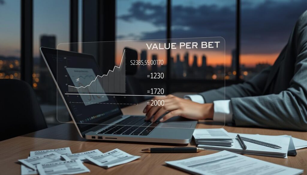A close-up view of a professional in business attire, seated at a sleek desk with a modern laptop open, calculating betting odds on a digital interface. In the foreground, a transparent overlay of statistical graphs and formulas representing “Value Per Bet” floats above the laptop screen. The middle ground showcases scattered betting slips and a notepad with notes on calculation strategies. The background features a dimly lit office with a large window revealing a city skyline at dusk, casting a warm glow through the room. The atmosphere feels focused and analytical, with soft ambient lighting highlighting the scene's details and creating a sense of intensity and professionalism.