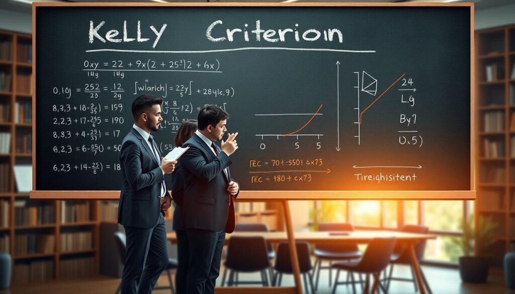 A detailed and visually engaging illustration of the Kelly Criterion bankroll management formula. In the foreground, a large chalkboard displays the formula clearly, with mathematical symbols and graphs illustrating probability and investment strategies. In the middle ground, a focused, diverse group of four professionals clad in smart business attire are analyzing the formula, with one person adding notes and another gesturing towards the board. In the background, a softly blurred office setting filled with bookshelves and a large window allowing natural light to flood in, creating a warm and inspiring atmosphere. The lens should have a slight tilt to emphasize the collaborative effort among the professionals, evoking a sense of determination and intelligence.