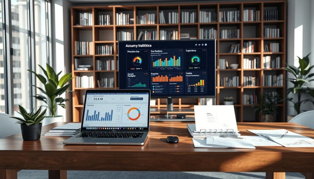 A detailed visualization of model accuracy validation metrics set in a modern office environment. In the foreground, an elegant wooden desk is cluttered with graphs, charts, and data visualizations displayed on a laptop screen. A stylish potted plant adds a touch of greenery. In the middle ground, a large monitor showcases a colorful dashboard of accuracy metrics, including precision, recall, and F1 scores, with clear and engaging visual elements. The background features a sleek bookshelf filled with analytical literature and a large window letting in soft, natural light, casting gentle shadows across the room. The atmosphere is focused and professional, portraying an analytical mindset. Capture this scene from a slightly elevated angle to provide a comprehensive view of the workspace while maintaining a sharp focus on the metrics displayed on the screen.