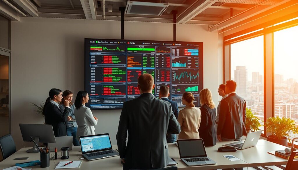 A dynamic office scene showcasing a professional environment focused on sports data APIs integration. In the foreground, a diverse group of professionals in business attire are gathered around a large screen displaying colorful data visualizations and API codes, highlighting real-time sports statistics. In the middle ground, a modern workspace features laptops and charts on desks, with digital analytics flowing seamlessly across the screen. The background features a large window with a city skyline, with warm, natural light streaming in, creating an energetic yet focused atmosphere. The angle is slightly from above, showcasing both the engaged team and the advanced technology they are utilizing. The overall mood is collaborative and innovative, emphasizing the importance of API integration in the sports betting industry. A dynamic office scene showcasing a professional environment focused on sports data APIs integration. In the foreground, a diverse group of professionals in business attire are gathered around a large screen displaying colorful data visualizations and API codes, highlighting real-time sports statistics. In the middle ground, a modern workspace features laptops and charts on desks, with digital analytics flowing seamlessly across the screen. The background features a large window with a city skyline, with warm, natural light streaming in, creating an energetic yet focused atmosphere. The angle is slightly from above, showcasing both the engaged team and the advanced technology they are utilizing. The overall mood is collaborative and innovative, emphasizing the importance of API integration in the sports betting industry.