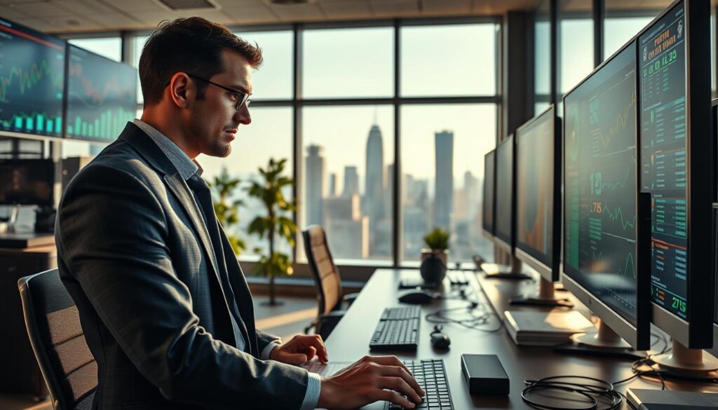 A dynamic scene illustrating predictive analytics in sports betting, featuring a professional data analyst in business attire focused on multiple screens filled with graphs, statistics, and sports game data. In the foreground, the analyst is engaged in analysis, with a confident and thoughtful expression. The middle ground showcases a sleek, modern office environment with high-tech equipment, advanced computers, and visual displays of betting odds. The background includes a large window showing a city skyline, with soft, natural light streaming into the room, creating an intellectual and professional atmosphere. Capture this moment from a slightly elevated angle to emphasize the screens, and use a warm color palette to evoke a sense of optimism and forward-thinking in sports betting.
