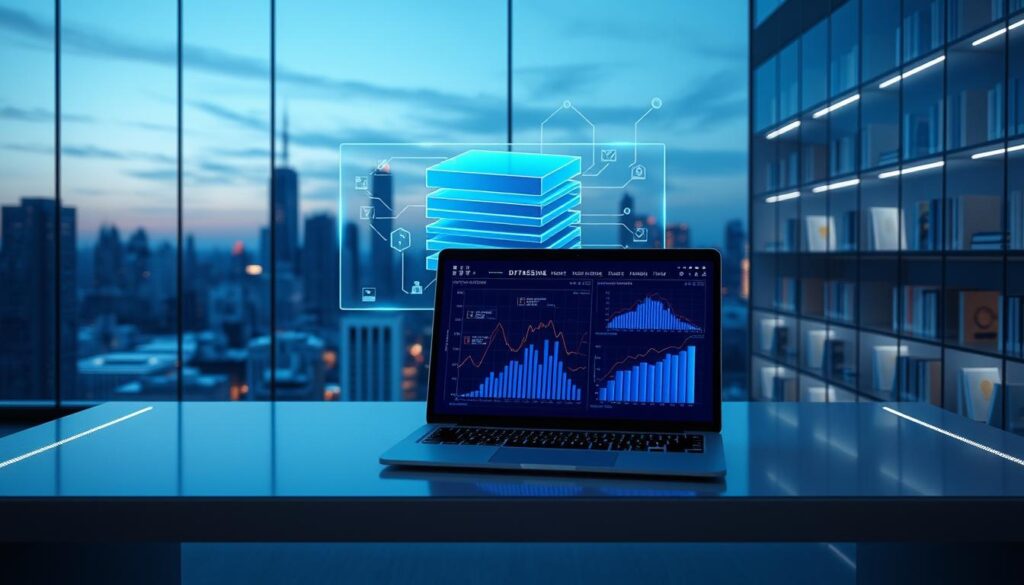 A futuristic workspace featuring a sleek, modern desk in the foreground with a laptop displaying intricate data visualization graphs. In the middle ground, a holographic display projects a 3D customizable database schema with flowing data streams. Around the workspace, glass-paneled shelves hold books related to data science and analytics, softly illuminated by ambient LED lights. The background reveals a city skyline at dusk, symbolizing the vast potential of data sources. The atmosphere conveys a sense of innovation and professionalism, with a cool color palette of blues and purples enhancing the tech-savvy mood. The scene is shot with a slight upward angle to emphasize the digital advancements and commitment to data quality, using soft, even lighting for clarity and focus. A futuristic workspace featuring a sleek, modern desk in the foreground with a laptop displaying intricate data visualization graphs. In the middle ground, a holographic display projects a 3D customizable database schema with flowing data streams. Around the workspace, glass-paneled shelves hold books related to data science and analytics, softly illuminated by ambient LED lights. The background reveals a city skyline at dusk, symbolizing the vast potential of data sources. The atmosphere conveys a sense of innovation and professionalism, with a cool color palette of blues and purples enhancing the tech-savvy mood. The scene is shot with a slight upward angle to emphasize the digital advancements and commitment to data quality, using soft, even lighting for clarity and focus.
