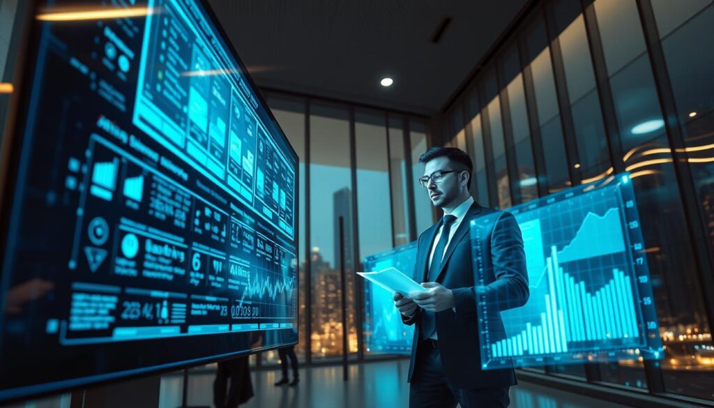 A high-tech scene depicting machine learning betting techniques, featuring a futuristic display of algorithms and data analytics on a large digital screen in the foreground. In the middle ground, a focused data analyst in professional business attire is actively analyzing betting patterns, surrounded by holographic charts and graphs, radiating a blue glow. The background showcases a sleek modern office with floor-to-ceiling windows overlooking a bustling cityscape, illuminated by soft, ambient lighting that creates a productive and innovative atmosphere. The composition is shot from a low angle, emphasizing the advanced technology and creating a sense of depth and intrigue, while maintaining a professional mood that reflects the cutting-edge integration of AI in betting models.