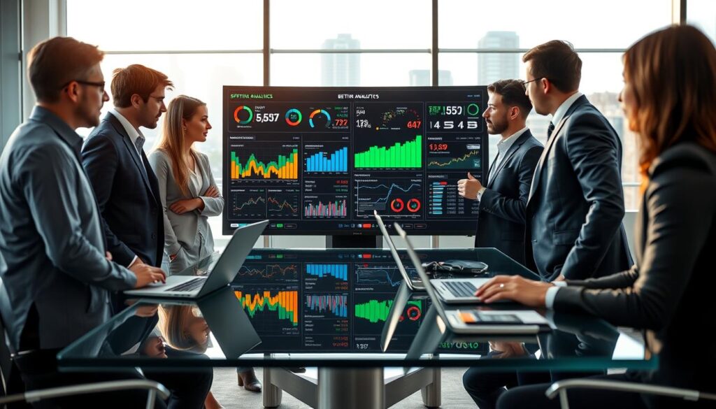 A modern office environment showcasing real-life betting analytics. In the foreground, a diverse group of four professionals in business attire is intensely discussing strategies over a large digital display. The display shows colorful graphs, charts, and statistical data related to sports betting, with annotations highlighting key performance indicators. In the middle ground, a sleek glass conference table is surrounded by laptops and analytical tools, emphasizing a data-driven approach. The background features a bright, well-lit room with floor-to-ceiling windows revealing a city skyline, conveying a sense of focus and professionalism. The atmosphere is energetic and collaborative, illuminated by natural light and enhancing the clarity of the displayed data. A modern office environment showcasing real-life betting analytics. In the foreground, a diverse group of four professionals in business attire is intensely discussing strategies over a large digital display. The display shows colorful graphs, charts, and statistical data related to sports betting, with annotations highlighting key performance indicators. In the middle ground, a sleek glass conference table is surrounded by laptops and analytical tools, emphasizing a data-driven approach. The background features a bright, well-lit room with floor-to-ceiling windows revealing a city skyline, conveying a sense of focus and professionalism. The atmosphere is energetic and collaborative, illuminated by natural light and enhancing the clarity of the displayed data.