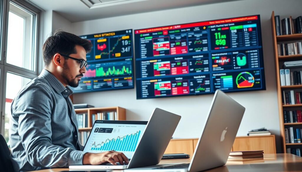 A professional bettor analyzing value betting strategies in a modern office environment. In the foreground, a focused individual in business attire studies a laptop displaying graphs and charts on betting statistics and potential ROI. The middle layer features a large wall-mounted screen showcasing various betting strategies with colorful visuals and dynamic infographics. In the background, a well-organized bookshelf filled with books on finance and gambling strategy adds depth. The lighting is bright and natural, coming from a large window, creating an atmosphere of productivity and knowledge. The angle is slightly tilted, providing a dynamic perspective that immerses the viewer in the scene.
