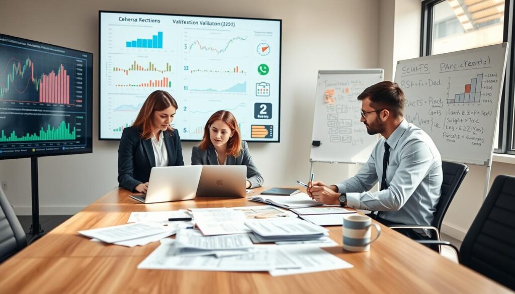 A professional office environment set in a well-lit room, featuring a large digital screen displaying various graphs and charts related to backtesting validation methods. In the foreground, a diverse group of three professionals in business attire (female and male) are intently analyzing data on a laptop, taking notes on a notepad. The middle layer showcases a sleek wooden table cluttered with documents, statistical reports, and a coffee cup. In the background, a whiteboard filled with complex equations and post-it notes highlights a brainstorming session. Natural light streams in through large windows, creating a bright and focused atmosphere, while a shallow depth of field emphasizes the collaborative spirit of the team engaged in data-driven discussions about validation techniques.