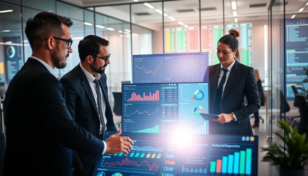 A professional workspace scene focused on analyzing betting data integration. In the foreground, a diverse team of three business professionals—two men and one woman—all dressed in smart business attire, are intently discussing data displayed on a large screen. In the middle ground, colorful charts and graphs filled with statistics and analytics metrics are visible, illuminated by a soft, bright light creating an engaging atmosphere. The background features a modern office setting with sleek furniture, glass walls, and a digital interface filled with real-time data feeds. The mood is collaborative and dynamic, emphasizing the blend of traditional betting strategies with advanced analytics, showcasing the importance of integration in smart wagering decisions. A professional workspace scene focused on analyzing betting data integration. In the foreground, a diverse team of three business professionals—two men and one woman—all dressed in smart business attire, are intently discussing data displayed on a large screen. In the middle ground, colorful charts and graphs filled with statistics and analytics metrics are visible, illuminated by a soft, bright light creating an engaging atmosphere. The background features a modern office setting with sleek furniture, glass walls, and a digital interface filled with real-time data feeds. The mood is collaborative and dynamic, emphasizing the blend of traditional betting strategies with advanced analytics, showcasing the importance of integration in smart wagering decisions.