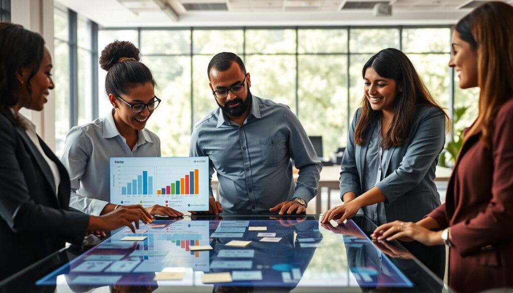 A professional workspace themed around bias recognition and discipline. In the foreground, a diverse group of three professionals—a Black woman in a business suit, a Hispanic man in a smart casual shirt, and a South Asian woman in a blouse—are engaged in animated discussion, analyzing charts and graphs on a modern touchscreen table. The middle ground features a large digital display showcasing a visual representation of bias metrics, surrounded by post-it notes with brainstorming ideas. In the background, a bright, well-lit office with large windows and greenery visible outside, creating a sense of openness. Soft, natural lighting enhances the atmosphere, promoting collaboration and innovation. The overall mood is thoughtful and dynamic, reflecting a proactive approach to understanding bias.