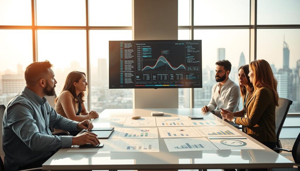 A serene office environment depicting a diverse group of professionals engaged in strategic planning. In the foreground, a diverse team, consisting of two men and two women, dressed in professional business attire, gathers around a sleek conference table covered with charts and futuristic betting models. The middle ground features a large digital screen displaying complex algorithms and probability graphs. In the background, large windows offer a view of a city skyline under soft, natural lighting that creates a warm yet focused atmosphere. The scene is infused with a vibe of collaboration and analytical focus, embodying clarity and objectivity in decision-making. The angle captures the team from a slightly elevated perspective, enhancing the sense of engagement and teamwork.