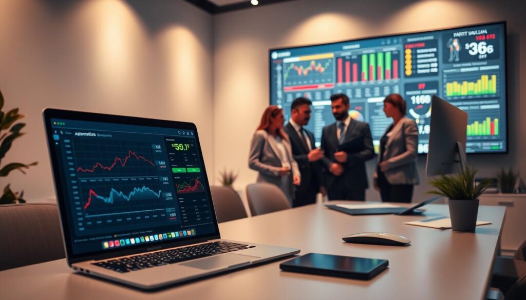 A sleek, modern workspace featuring a high-tech computer setup displaying an intuitive interface for automated ROI tracking in betting software. In the foreground, a carefully organized desk with a laptop showing graphs and analytics related to betting trends. The middle layer includes a diverse group of professionals in business attire discussing insights and strategies, with focus on their engagement and teamwork. The background features a large wall screen displaying dynamic charts, betting statistics, and animated visuals of tracking software. Soft, ambient lighting enhances the tech-savvy atmosphere, while a shallow depth of field focuses on the computer screen, highlighting the clarity and sophistication of automated analysis. The overall mood is one of innovation, collaboration, and confidence in technology.