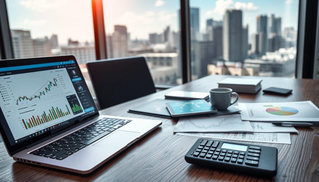 A sophisticated scene showcasing various betting analytics tools. In the foreground, a sleek laptop displays dynamic graphs and statistics related to betting odds, with colorful data visualizations. Next to it, a tablet features an interactive betting simulator, glowing softly. In the middle ground, a desk is scattered with professional papers, a calculator, and a cup of coffee, highlighting the analytical process. The background reveals a modern office environment with a large window showing a city skyline under a clear sky, letting in natural light. The atmosphere is focused and professional, conveying a sense of high-stakes analysis and strategic thinking, captured with a crisp, high-resolution lens at a slight angle for depth.