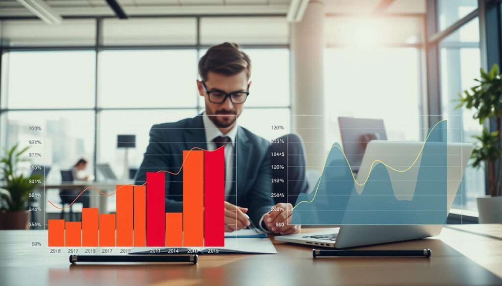 A visually engaging comparison of smart stake management strategies, featuring a split-screen design. In the foreground, two distinct graphs represent different betting strategies, with clear axes and vibrant colors illustrating performance metrics. In the middle ground, a professional-looking analyst in business attire, focusing intently on the data, with a laptop open beside them. The background showcases a modern office environment with large windows and natural daylight pouring in, enhancing the mood of productivity and analysis. Use a wide-angle lens effect to convey a sense of depth and space, with soft, diffused lighting that highlights charts while keeping the atmosphere focused and professional. The overall tone is analytical and informative, perfect for a strategic discussion on betting efficiency.
