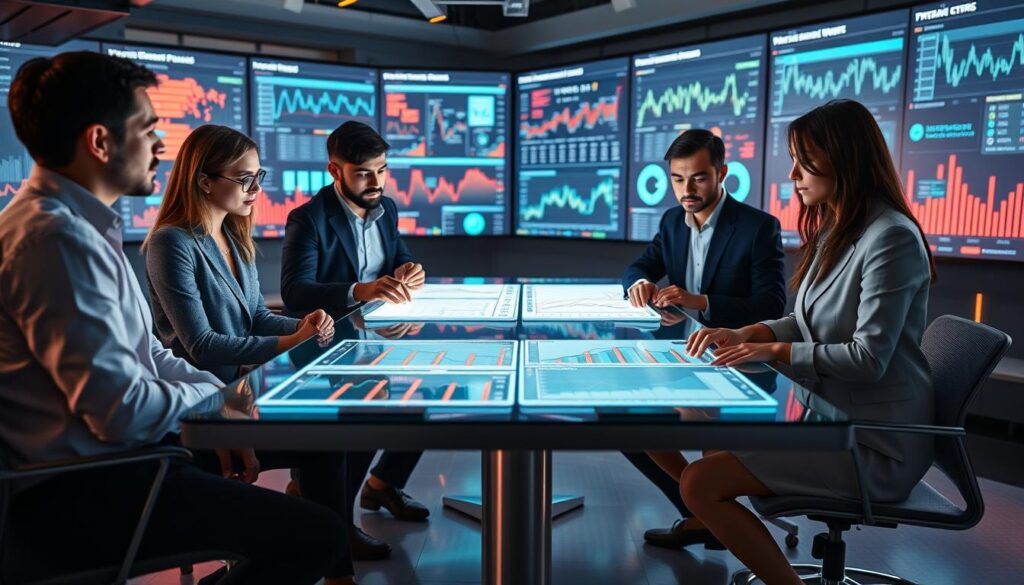 A visually engaging representation of "multi-model weighting strategies" in a high-tech analytical setting. In the foreground, display a diverse group of four professionals in smart casual attire, gathered around a sleek, modern table covered with graphs and data visualizations emanating from various screens. In the middle ground, feature dynamic charts displaying model outputs, with color-coded lines and indicators highlighting different weighting strategies being discussed. The background should include large digital displays showcasing vibrant data analytics, illuminated by soft, ambient lighting to create a focused yet collaborative atmosphere. Employ a slightly low-angle perspective to emphasize the importance of collaboration, with a mix of warm and cool lighting to convey a sense of innovation and professionalism.