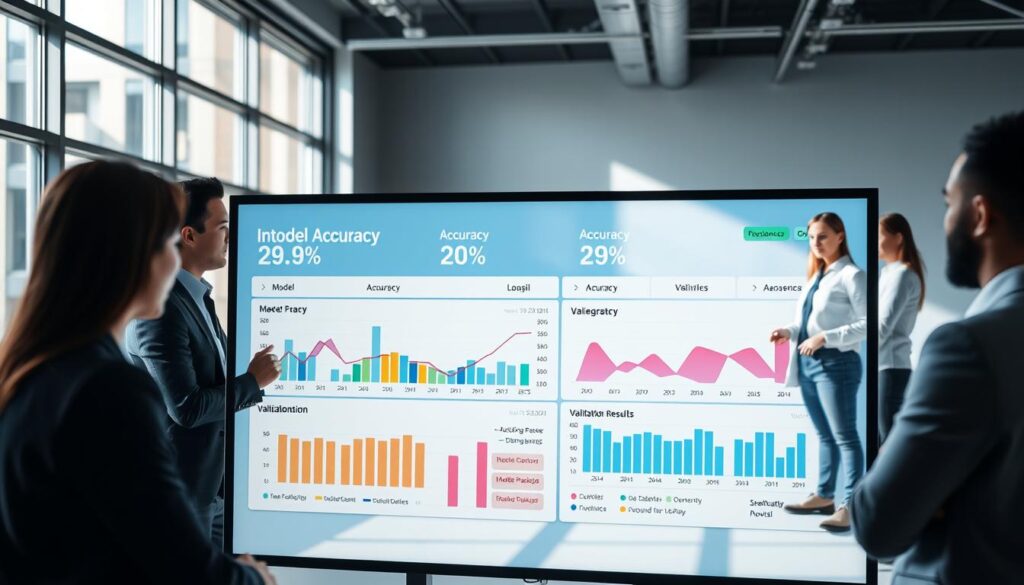 An integrated model accuracy dashboard set in a modern office environment. In the foreground, a large digital screen displays colorful graphs and metrics representing model performance, accuracy percentages, and validation results. The middle ground features a professional wearing smart business attire, intently analyzing the data, with a thoughtful expression. Surrounding them are other professionals engaged in discussions, adding a collaborative atmosphere. The background showcases a sleek, minimalistic office with large windows letting in natural light, casting soft shadows on the floor. The overall mood is focused and analytical, evoking a sense of professionalism and dedication to data-driven decision-making.