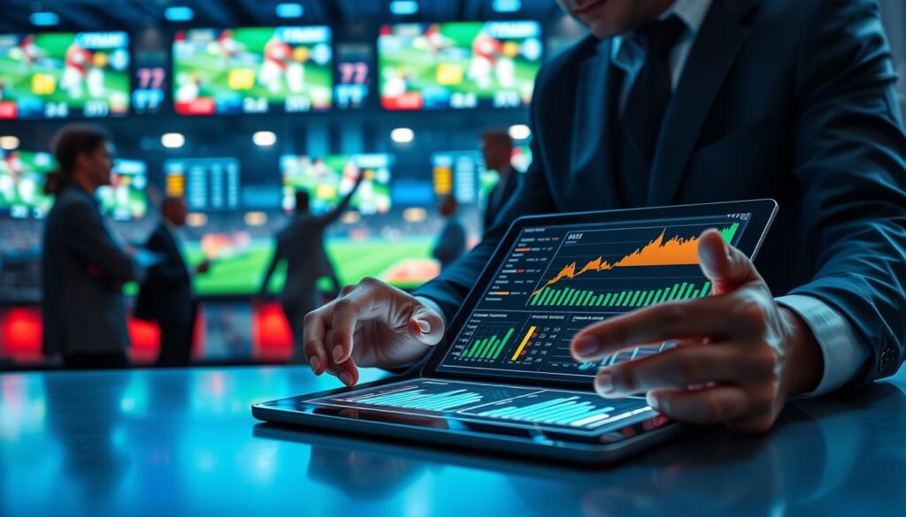 A high-tech, dynamic scene illustrating in-game betting metrics analysis. In the foreground, include a sleek tablet displaying vibrant graphs and real-time betting statistics, with hands of a focused individual in professional business attire analyzing the data. In the middle ground, depict a modern sports betting environment with multiple screens showing live games and odds, illuminated by cool blue and green lighting to evoke a high-energy atmosphere. The background features blurred silhouettes of sports fans engaged in discussion, emphasizing excitement and anticipation. Capture the mood of precision and analysis with a slightly dramatic angle, creating depth and focus on the data in front. Ensure the image is bright and visually engaging, promoting a sense of urgency and strategic decision-making.
