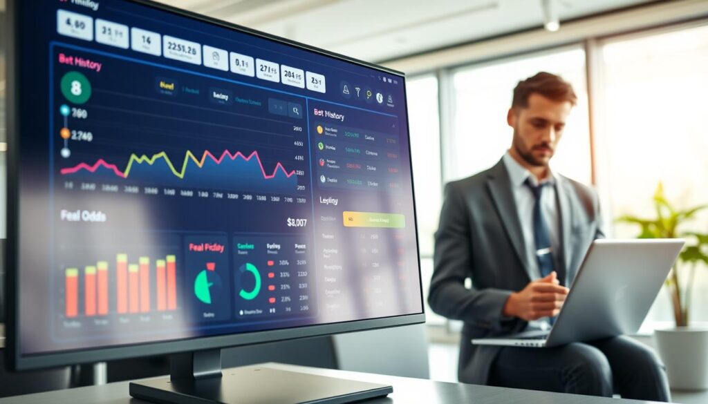 A modern bet recording software dashboard displayed on a sleek, high-resolution monitor. The foreground shows intuitive user interface elements, including graphs, bet history, and real-time odds, designed with vibrant colors for visual clarity. In the middle ground, a professional individual in a smart casual outfit interacts with the software using a laptop, with focused attention and a thoughtful expression. The background features a bright, well-lit office environment with soft natural light filtering through large windows, creating a productive atmosphere. Capture the sense of advanced technology and efficiency, emphasizing the user-friendly nature of the software. The angle should showcase the monitor at a slight tilt to highlight the dashboard details, conveying an engaging and informative vibe.