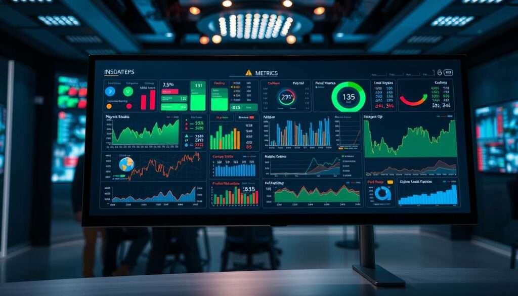 A sleek in-game betting metrics dashboard displayed prominently in the foreground, featuring dynamic graphs and colorful charts illustrating live betting data, player statistics, and profitability analytics. The middle ground captures a modern gaming studio with multiple screens showcasing real-time betting trends and performance indicators, illuminated by soft, focused lighting that creates a high-tech ambiance. In the background, blurred figures dressed in professional business attire are engaged in analyzing the data, embodying a collaborative atmosphere. The scene conveys a sense of urgency and excitement, with a cool color palette dominating the environment to enhance the focus on the metrics. The angle is slightly elevated, allowing for a comprehensive view of the dashboard's intricate details without any text or overlays, ensuring clarity and professionalism.