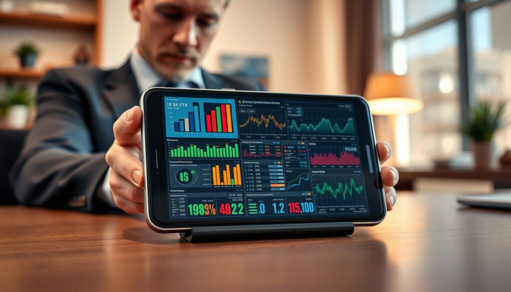 A sleek mobile device displaying complex statistical models and graphs, set on a modern workspace table. In the foreground, a professional individual in business attire analyzes the screen, reflecting concentration and engagement. The middle ground showcases an array of sports statistics—colorful charts, predictive algorithms, and dynamic graphs illustrating data trends related to sports betting. The background features a softly blurred environment of a cozy office with warm lighting, hinting at a productive atmosphere. The image captures a mood of focus and sophistication, emphasizing the integration of technology in sports analysis. Use a shallow depth of field to highlight the device's screen, ensuring the visuals are clear and detailed.