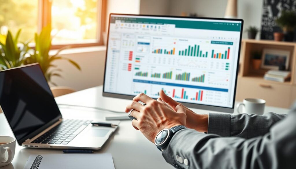 A sleek, modern Excel betting tracker statistical analysis dashboard displayed prominently on a computer screen. The dashboard features colorful charts, graphs, and dynamic data visualizations, showcasing betting statistics and trends. In the foreground, a pair of hands, dressed in professional business attire, interact with the dashboard using a mouse. The middle ground includes a neatly organized workspace with a laptop, notepad, and coffee cup, creating an environment conducive to analysis. The background contains a softly blurred office setting with warm, natural lighting filtering through a window, enhancing the focused atmosphere. Overall, the image conveys a sense of professionalism and dedication to data-driven decisions in betting management.