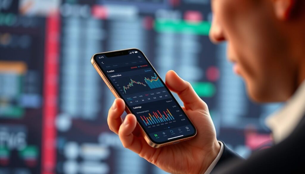 A sleek, modern iOS user interface displaying a betting analysis app, set against a softly blurred tech-themed background. In the foreground, the app screen shows detailed graphs, live odds, and sports statistics neatly organized, utilizing vivid colors for easy readability. A user in professional attire, intently analyzing the data, holds the iPhone, angled to showcase the app interface clearly. The middle layer features a smooth, dark-themed app design emphasizing usability with interactive elements like buttons and sliders. The lighting is soft and focused on the phone, creating a professional and analytical atmosphere. The overall mood conveys excitement about sports betting with an emphasis on intelligence and strategy.