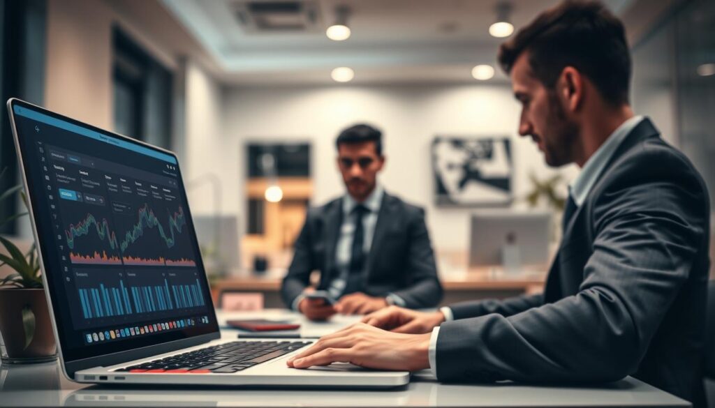 A sleek, modern interface of an automatic import betting tracker app displayed on a laptop screen in the foreground, showcasing various graphs, charts, and real-time data inputs. The middle ground features a blurred figure wearing professional business attire, engrossed in the software, surrounded by betting-related items like sports tickets and a smartphone. In the background, a well-organized, minimalistic office space with soft ambient lighting, highlighting the tech-savvy atmosphere. The overall mood is focused and efficient, reflecting productivity and advanced technology. The image should have a realistic style with a shallow depth of field, emphasizing the app interface while maintaining a professional vibe throughout the setting.