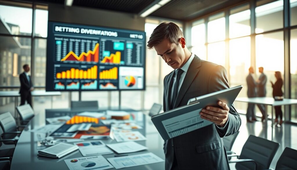 A sleek, modern office environment featuring a large digital screen displaying colorful graphs and charts representing betting diversification metrics. In the foreground, a well-dressed professional, wearing a tailored suit, examines a tablet filled with data, showcasing analytical insights. The middle ground features a polished conference table cluttered with financial papers and a notebook filled with handwritten notes. Soft, natural lighting filters through large windows, casting a warm glow on the scene. In the background, blurred silhouettes of other professionals engaged in discussions create a collaborative atmosphere. The overall mood is focused and analytical, embodying the seriousness of portfolio analysis for bettors. The camera angle is slightly overhead, giving a comprehensive view of both the subject and the vibrant data visualizations. A sleek, modern office environment featuring a large digital screen displaying colorful graphs and charts representing betting diversification metrics. In the foreground, a well-dressed professional, wearing a tailored suit, examines a tablet filled with data, showcasing analytical insights. The middle ground features a polished conference table cluttered with financial papers and a notebook filled with handwritten notes. Soft, natural lighting filters through large windows, casting a warm glow on the scene. In the background, blurred silhouettes of other professionals engaged in discussions create a collaborative atmosphere. The overall mood is focused and analytical, embodying the seriousness of portfolio analysis for bettors. The camera angle is slightly overhead, giving a comprehensive view of both the subject and the vibrant data visualizations.