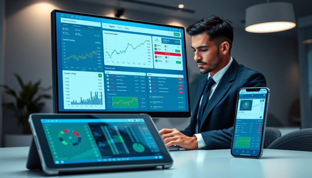 A sleek, modern user interface of sports betting software displayed on a computer screen, showcasing graphs, betting odds, and results in an organized layout. The foreground features a user navigating the software with focused expression, dressed in professional business attire. In the middle ground, a high-tech tablet and smartphone reflect the same user interface, illustrating accessibility across devices. The background fades into a stylish, minimalistic office environment with soft ambient lighting that creates a calm and focused atmosphere. The scene is captured from a slightly elevated angle, emphasizing the functionality and user experience of the software, with a color palette of blues and greens to convey trust and reliability. A sleek, modern user interface of sports betting software displayed on a computer screen, showcasing graphs, betting odds, and results in an organized layout. The foreground features a user navigating the software with focused expression, dressed in professional business attire. In the middle ground, a high-tech tablet and smartphone reflect the same user interface, illustrating accessibility across devices. The background fades into a stylish, minimalistic office environment with soft ambient lighting that creates a calm and focused atmosphere. The scene is captured from a slightly elevated angle, emphasizing the functionality and user experience of the software, with a color palette of blues and greens to convey trust and reliability.