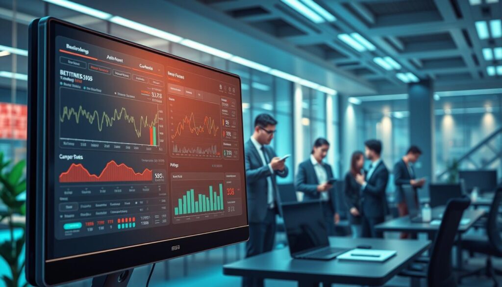 A visually striking illustration depicting a "predictive betting software analysis timeline." In the foreground, a sleek, high-tech computer screen displays detailed graphs and analytics, showcasing real-time betting data alongside historical performance metrics. The middle layer features a diverse group of professionals in business attire, analyzing data intently with focused expressions, surrounded by digital elements like icons representing sports and betting trends. In the background, a futuristic office setting with soft blue and green ambient lighting reflects a modern and dynamic atmosphere. The entire scene should evoke a sense of innovation and precision, with a balanced composition, captured from a slightly elevated angle to enhance visibility of both the screen and the individuals engaged in analysis. A visually striking illustration depicting a "predictive betting software analysis timeline." In the foreground, a sleek, high-tech computer screen displays detailed graphs and analytics, showcasing real-time betting data alongside historical performance metrics. The middle layer features a diverse group of professionals in business attire, analyzing data intently with focused expressions, surrounded by digital elements like icons representing sports and betting trends. In the background, a futuristic office setting with soft blue and green ambient lighting reflects a modern and dynamic atmosphere. The entire scene should evoke a sense of innovation and precision, with a balanced composition, captured from a slightly elevated angle to enhance visibility of both the screen and the individuals engaged in analysis.