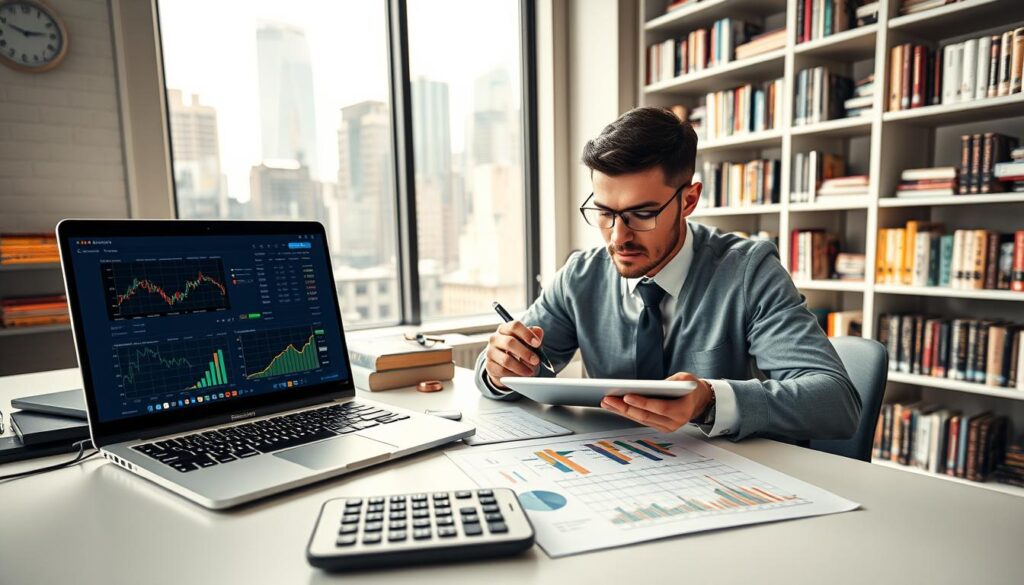 An overhead view of a modern office desk featuring a sports betting data management bankroll calculator displayed prominently on a high-resolution laptop screen. The foreground includes a sleek calculator and a spreadsheet filled with colorful graphs and figures. In the middle, a professional-looking individual in business attire analyzes the data, with a focused expression, using a stylus on a tablet. The background showcases a bright, well-lit room with bookshelves packed with sports analytics books and a window revealing a vibrant city skyline. Soft, natural light floods the space, enhancing the analytical atmosphere. The overall mood is one of concentration and professionalism, perfect for illustrating advanced data management techniques.
