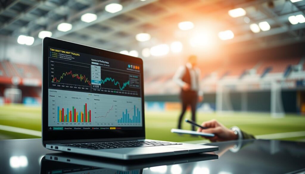 A detailed visualization of time series analysis centered on sports betting math trends. In the foreground, a sleek laptop displays vibrant charts and graphs representing betting odds, player statistics, and historical performance data. The middle ground features a professional analyst, dressed in business attire, deeply focused on interpreting the data, with a notepad and pen in hand. The background shows a subtle blend of a digital sports environment - a soccer field and basketball court blurred in soft focus, symbolizing various sports. The lighting is bright and inviting, creating a clear contrast that highlights the data on the screen. The atmosphere is analytical and intense, reflecting the serious nature of statistical analysis in sports betting.