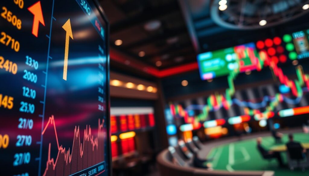 A dynamic composition illustrating sharp money indicators in the context of sports betting. In the foreground, a digital display board with fluctuating odds prominently showing upward and downward arrows representing steam and reverse line moves. The middle ground features graphs and charts with distinct lines indicating market movements, overlaid with colorful candlestick patterns. In the background, a blurred betting venue to imply energy and action, illuminated by soft, focused lighting that highlights the tension in the atmosphere. A slight overhead angle captures the intricate details of the data and the sensed urgency, evoking an analytical and thoughtful mood, perfect for interpreting complex financial movements.
