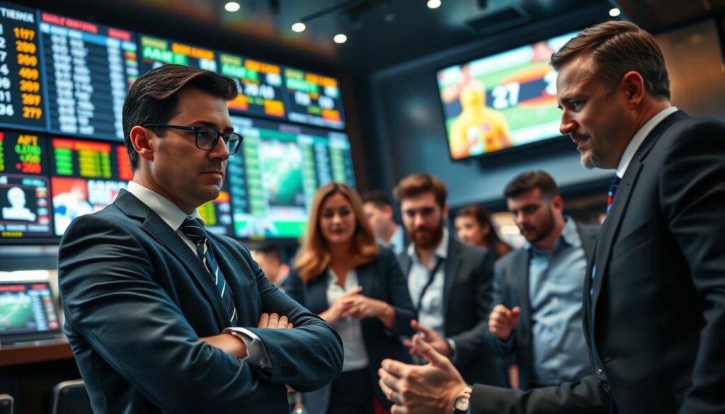 A dynamic scene depicting key players in betting markets: in the foreground, a professional-looking sharp bettor, focused and analytical, surrounded by digital betting boards displaying odds, wearing smart business attire. In the middle ground, a group of everyday bettors, casually discussing and gesturing, showing a range of expressions from excitement to contemplation. To the side, a well-dressed bookmaker with a confident demeanor, engaging with customers. The background features a sleek, modern sports bar atmosphere with illuminated screens showing various sports events and betting lines. The lighting is bright and focused, highlighting the intensity of the moment. The composition evokes a blend of competition and camaraderie, encapsulating the pulse of betting markets.