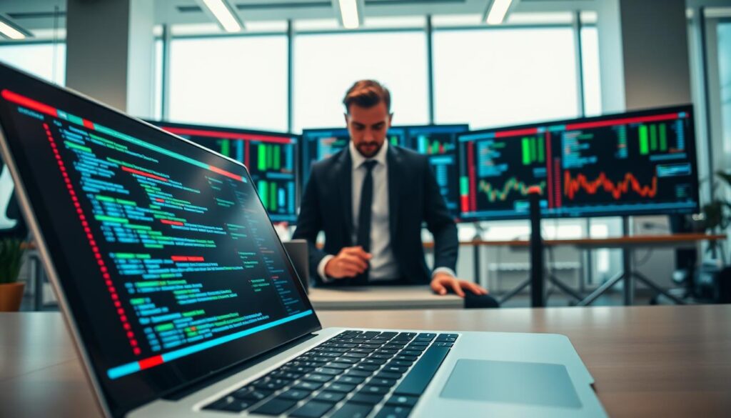 A dynamic workspace representing "automated betting data code integration." In the foreground, a sleek laptop displays lines of vibrant code, with graphs and charts analyzing betting patterns. The middle section features a professional in business attire, intently focused on the screen, surrounded by monitors showing live betting data and API analytics. In the background, a bright modern office space with large windows letting in natural light, creating a positive and futuristic atmosphere. The scene captures the essence of advanced technology and data-driven strategy, emphasizing the integration of programming languages for API connectivity. Use a warm tone with soft lighting to enhance the mood, showcasing a blend of sophistication and innovation.