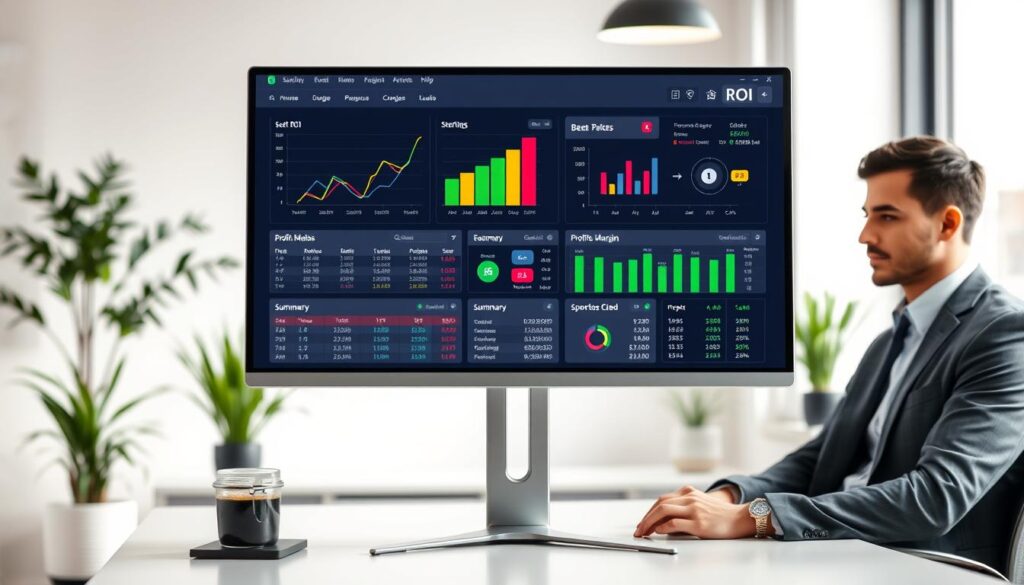 A modern Excel betting calculator ROI dashboard displayed on a sleek computer monitor in a well-lit office environment. In the foreground, the dashboard features colorful, dynamic graphs and charts illustrating ROI and profit margin calculations, including line graphs, pie charts, and summary tables filled with numerical data. The middle ground showcases a professional businessperson in smart casual attire, focused on the screen, with a thoughtful expression as they analyze the data. In the background, a stylish office setting with minimalistic decor, soft natural lighting filtering through a window, and a few potted plants, creating an atmosphere of professionalism and analytical rigor. The image captures a sense of clarity and focus on sports betting analysis without any distractions or text overlays.