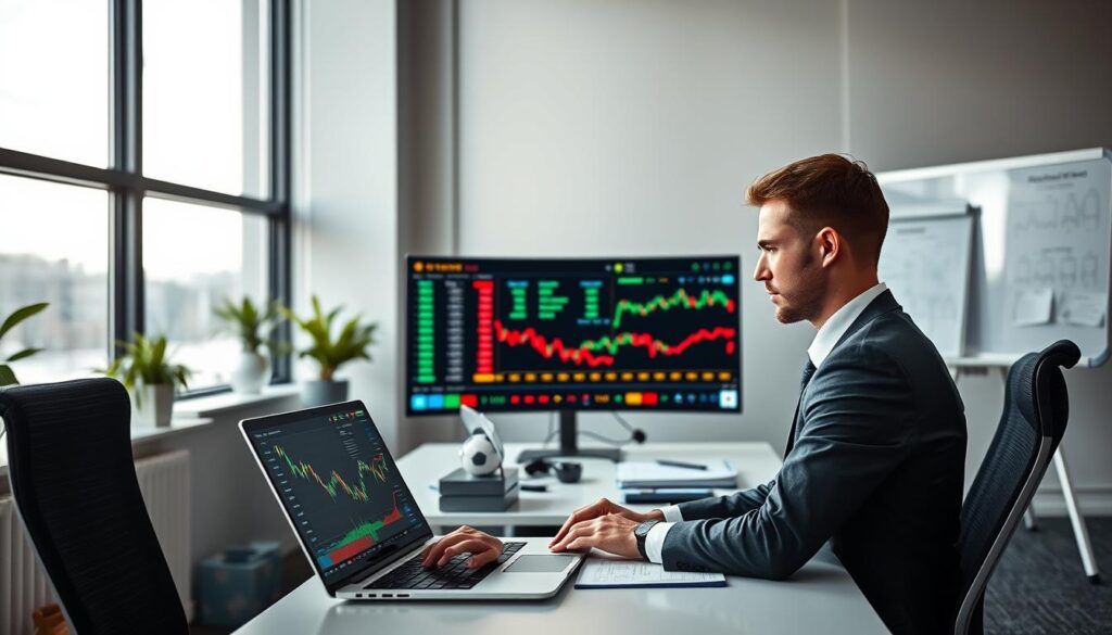A modern office environment with a focus on data analysis in betting markets. In the foreground, a professional-looking individual in business attire is seated at a desk, intently studying complex graphs and statistics on a laptop screen. The middle ground features large monitors displaying colorful betting odds and trend lines, highlighting real-time data analysis. In the background, large windows allow soft, natural light to flood the room, creating an inviting atmosphere. A whiteboard against the wall is filled with notes and diagrams related to betting strategies. The scene conveys a sense of focus and professionalism, emphasizing the foundational knowledge essential for analytical bettors. The overall mood is one of determination and intellect, capturing the essence of understanding data in betting markets.