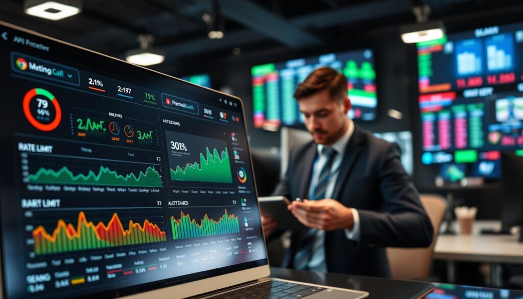 A sleek and modern sports betting APIs rate limit management dashboard, prominently featured in the foreground. The dashboard displays multiple colorful graphs and metrics, showing real-time API call statistics, rate limits, and alert notifications. In the middle ground, a professional setting with a well-dressed business person, focused on analyzing data, is engaged with the dashboard interface. The background features a high-tech office environment with large screens displaying sports data and betting odds. Soft, ambient lighting illuminates the scene, creating a focused and analytical atmosphere. The angle is slightly elevated, offering a comprehensive view of the dashboard and the working professional, emphasizing efficiency and cutting-edge technology.