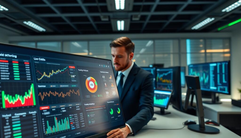A sleek, modern performance visualization dashboard for sports betting, set against a sleek, high-tech workspace. In the foreground, the digital dashboard displays vibrant graphs and charts illustrating betting trends, live odds, and performance metrics, with a user-friendly interface. The middle ground features a professional analyst in smart business attire, intently analyzing the data on the screen, surrounded by multiple monitors displaying various statistical visuals. The background is a softly lit office space with ambient lighting enhancing the technological ambiance. Utilize a wide-angle perspective to capture the depth of the workspace, while ensuring crisp details in both the data visualizations and the analyst's focused expression, conveying a mood of concentration, excitement, and professionalism. A sleek, modern performance visualization dashboard for sports betting, set against a sleek, high-tech workspace. In the foreground, the digital dashboard displays vibrant graphs and charts illustrating betting trends, live odds, and performance metrics, with a user-friendly interface. The middle ground features a professional analyst in smart business attire, intently analyzing the data on the screen, surrounded by multiple monitors displaying various statistical visuals. The background is a softly lit office space with ambient lighting enhancing the technological ambiance. Utilize a wide-angle perspective to capture the depth of the workspace, while ensuring crisp details in both the data visualizations and the analyst's focused expression, conveying a mood of concentration, excitement, and professionalism.