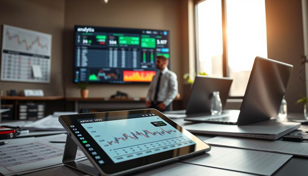 A sleek, modern workspace filled with tools for betting analytics. In the foreground, a digital tablet displays graphs and figures illustrating ROI calculations, surrounded by betting odds sheets and a laptop running analytics software. In the middle, a professional-looking individual in business attire monitors data on a large wall screen showing metrics like profit margins and win rates. The background features a large window with soft, natural light streaming in, casting a warm glow over the scene. The overall atmosphere is focused and analytical, evoking a sense of professionalism and strategic planning in betting analytics. The scene should be captured with a shallow depth of field, enhancing the foreground elements while softly blurring the background.