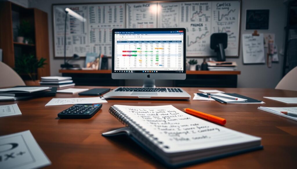 A sleek workspace featuring a large wooden desk with an open laptop displaying an Excel spreadsheet filled with colorful graphs and formulas related to expected value betting calculations. In the foreground, a notepad with handwritten notes and a highlighter lies beside a calculator, emphasizing analytical thinking. The middle ground includes various betting odds charts and documents scattered around, reflecting a busy but organized environment. In the background, a wall-mounted whiteboard filled with mathematical equations and sports statistics adds depth. Soft, focused lighting illuminates the scene, creating a professional and inspiring atmosphere, while a slight blur enhances the feeling of depth of field, directing attention to the detailed elements of sports betting analysis.