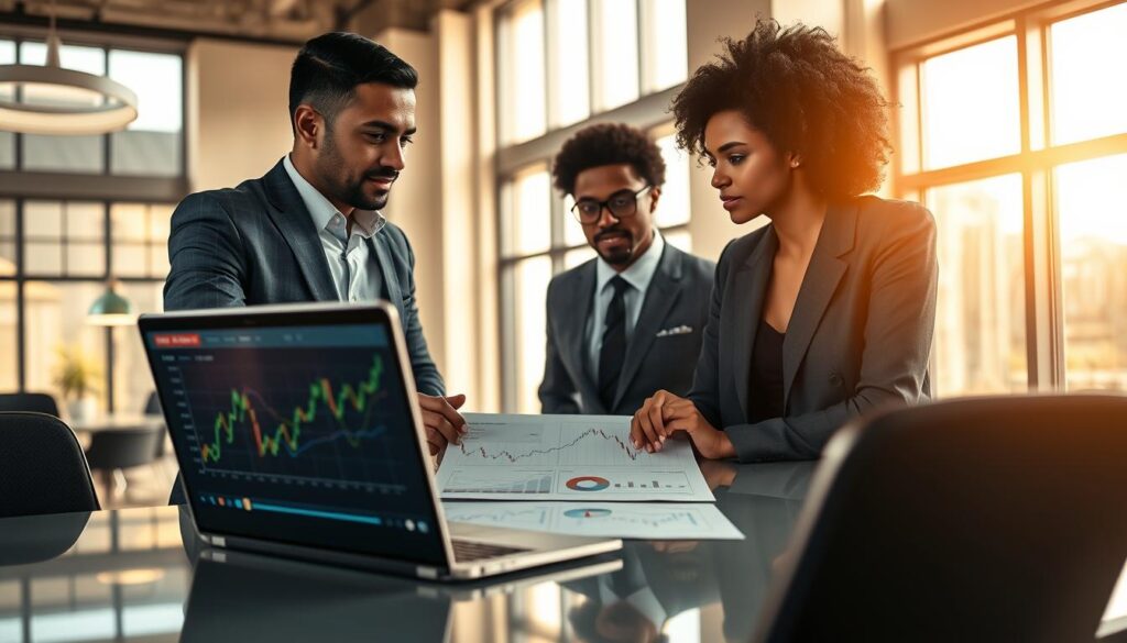 A strategic betting scene depicting a diverse group of two professional individuals, a man and a woman, engaged in a serious discussion around a sleek table with data charts and graphs. The foreground features a laptop displaying live betting odds, with a focus on fluctuating graphs symbolizing line movement. In the middle, precise charts and numbers reflect betting patterns, while the background shows a bright, modern office with large windows letting in natural light, creating a dynamic atmosphere. The lighting is warm and inviting, capturing the intensity of decision-making. Both individuals wear smart business attire, embodying professionalism and focus while considering betting timing strategies. The composition emphasizes a blend of technology and strategy, invoking a sense of analytical precision in the world of betting.