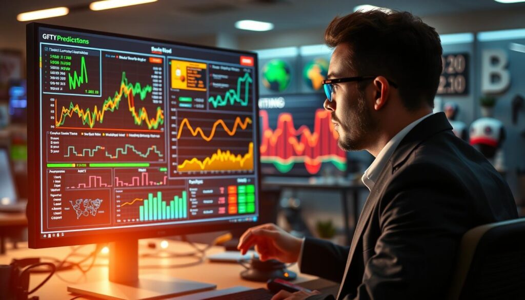 A visually striking depiction of machine learning algorithms applied to betting statistics, showcasing a futuristic and professional atmosphere. In the foreground, a high-tech computer screen displays complex data visualizations such as graphs, charts, and neural network diagrams, with vibrant colors that signify predictive analytics. In the middle ground, a person in business attire, focused and engaged, interacts with the data on the screen, symbolizing the intersection of technology and sports betting. The background features a blurred office environment with subtle hints of sports memorabilia, enhancing the context without distraction. The lighting is bright and focused on the screen, creating a dynamic contrast with the softer background, conveying a sense of innovation and analysis in the realm of sports predictions.